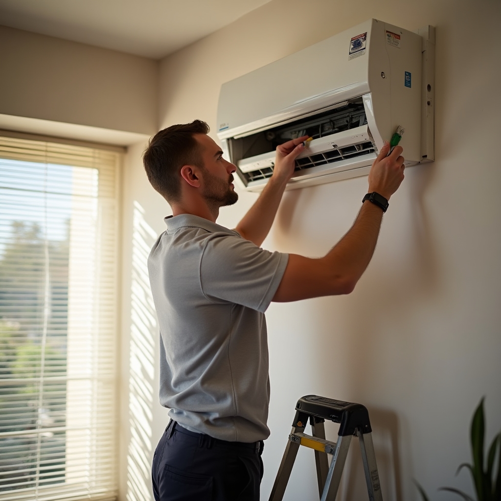 AC technician servicing a split air conditioning unit