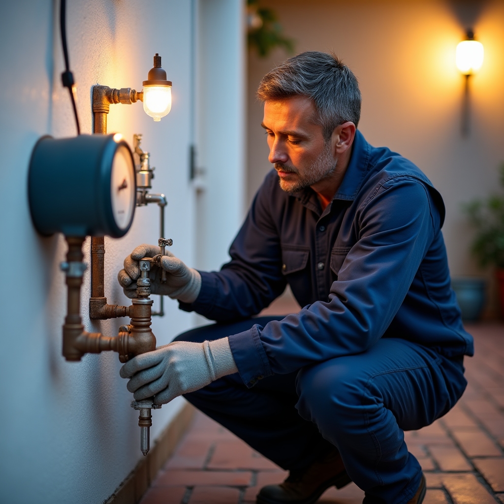 Licensed gas technician inspecting residential gas installation
