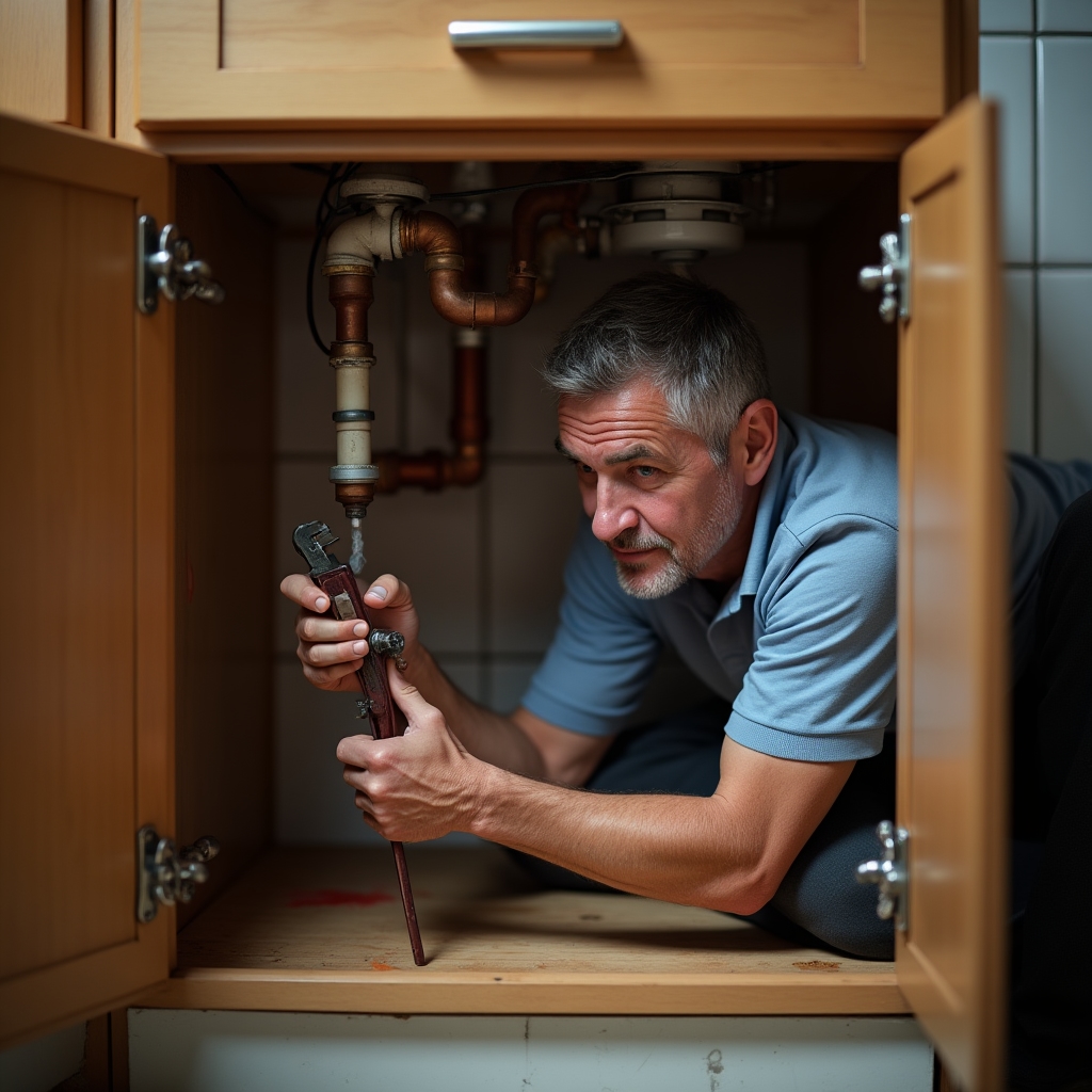 Plumber repairing pipes under a kitchen sink