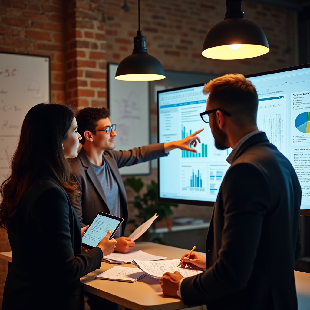 Team members reviewing market research data in a modern office